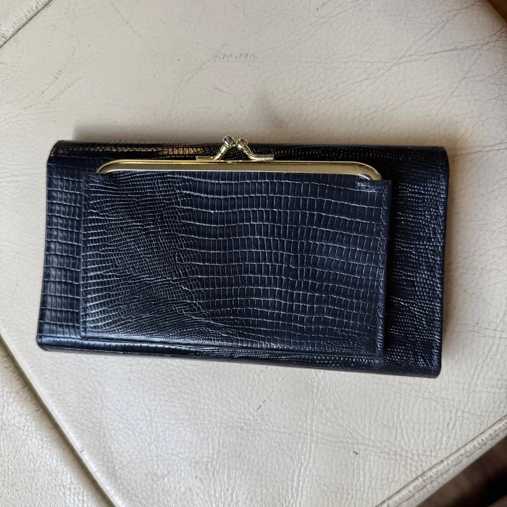 Mundi  VTG Black Lizard Embossed Leather Checkbook Wallet Kiss Lock Coin Purse